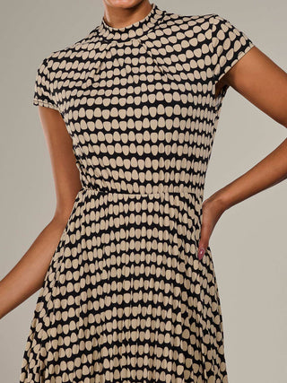 Jersey Capped Sleeve Pleated Midi Dress, Beige Geo