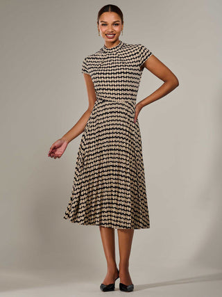 Jersey Capped Sleeve Pleated Midi Dress, Beige Geo