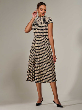 Jersey Capped Sleeve Pleated Midi Dress, Beige Geo