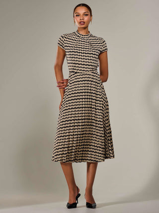 Jersey Capped Sleeve Pleated Midi Dress, Beige Geo