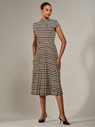 Jersey Capped Sleeve Pleated Midi Dress, Beige Geo