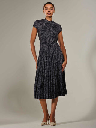 Jersey Capped Sleeve Pleated Midi Dress, Black Polka