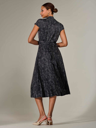 Jersey Capped Sleeve Pleated Midi Dress, Black Polka