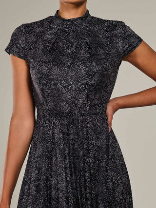 Jersey Capped Sleeve Pleated Midi Dress, Black Polka