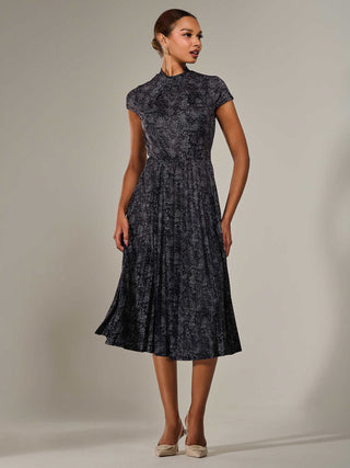 Jersey Capped Sleeve Pleated Midi Dress, Black Polka