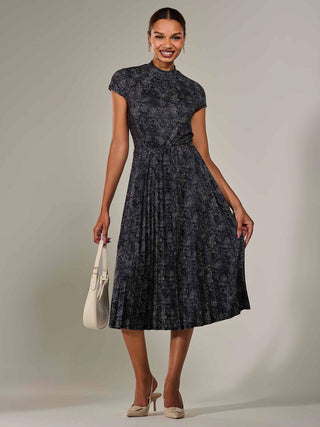 Jersey Capped Sleeve Pleated Midi Dress, Black Polka