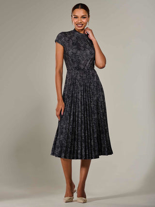Jersey Capped Sleeve Pleated Midi Dress, Black Polka