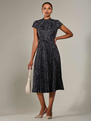 Jersey Capped Sleeve Pleated Midi Dress, Black Polka