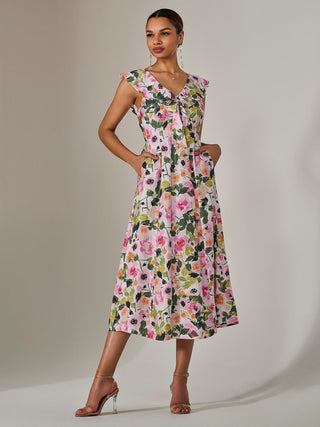 Frill V Neck Midaxi Dress, Multi Floral