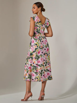 Frill V Neck Midaxi Dress, Multi Floral