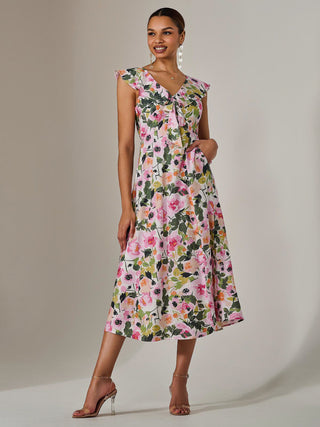 Frill V Neck Midaxi Dress, Multi Floral