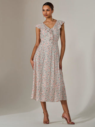 Frill V Neck Midaxi Dress, Pink Abstract