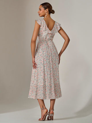 Frill V Neck Midaxi Dress, Pink Abstract