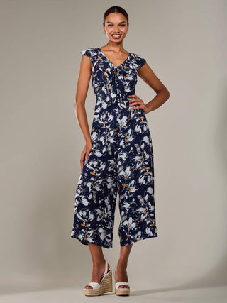 Frill Tie-front Jumpsuit, Navy Abstract