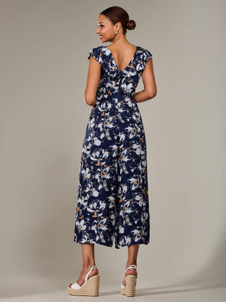 Frill Tie-front Jumpsuit, Navy Abstract