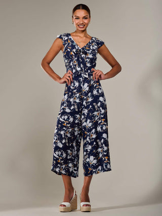 Frill Tie-front Jumpsuit, Navy Abstract