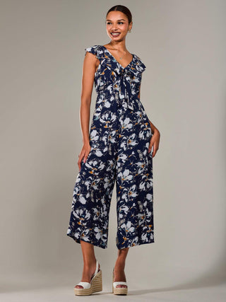 Frill Tie-front Jumpsuit, Navy Abstract