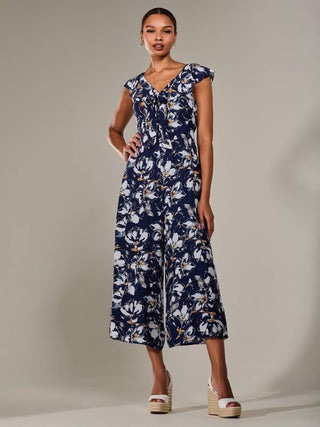 Frill Tie-front Jumpsuit, Navy Abstract