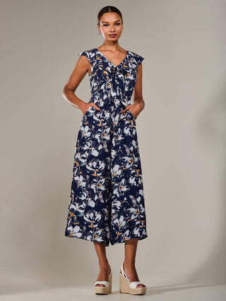 Frill Tie-front Jumpsuit, Navy Abstract