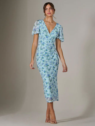 Mesh Short Sleeve Midi Dress, Blue Floral