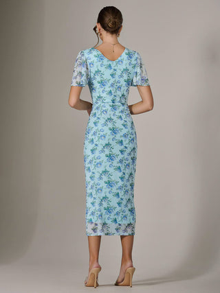 Mesh Short Sleeve Midi Dress, Blue Floral