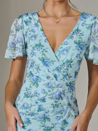 Mesh Short Sleeve Midi Dress, Blue Floral