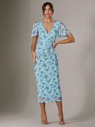 Mesh Short Sleeve Midi Dress, Blue Floral