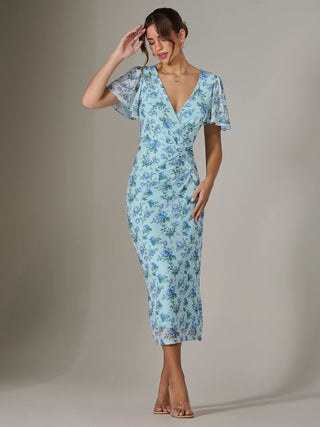 Mesh Short Sleeve Midi Dress, Blue Floral