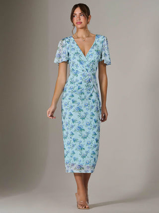 Mesh Short Sleeve Midi Dress, Blue Floral