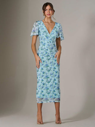 Mesh Short Sleeve Midi Dress, Blue Floral