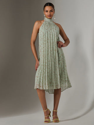 Pleated Halter Neck Midi Dress, Mint Green