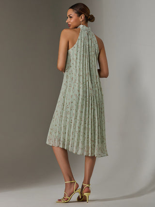 Pleated Halter Neck Midi Dress, Mint Green