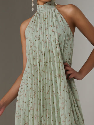Pleated Halter Neck Midi Dress, Mint Green