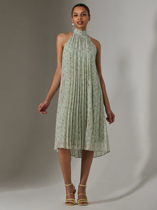 Pleated Halter Neck Midi Dress, Mint Green