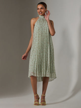 Pleated Halter Neck Midi Dress, Mint Green