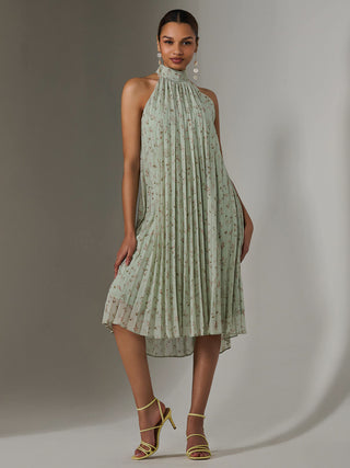 Pleated Halter Neck Midi Dress, Mint Green