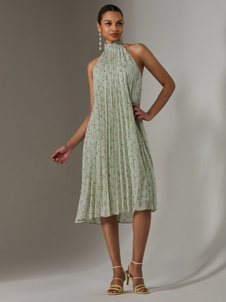 Pleated Halter Neck Midi Dress, Mint Green