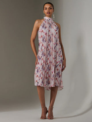 Pleated Halter Neck Midi Dress, Purple Multi