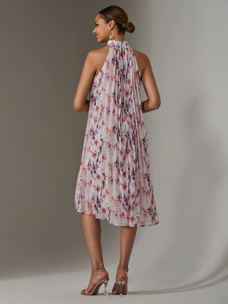 Pleated Halter Neck Midi Dress, Purple Multi