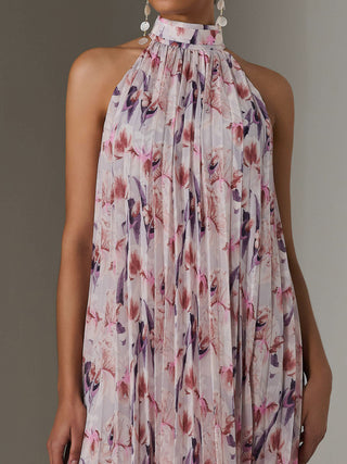 Pleated Halter Neck Midi Dress, Purple Multi