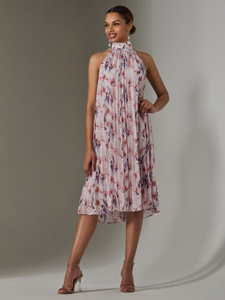 Pleated Halter Neck Midi Dress, Purple Multi