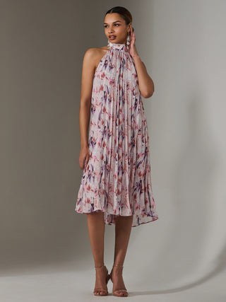 Pleated Halter Neck Midi Dress, Purple Multi
