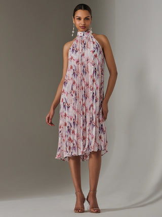Pleated Halter Neck Midi Dress, Purple Multi