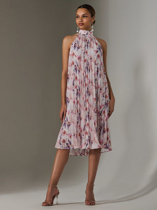 Pleated Halter Neck Midi Dress, Purple Multi