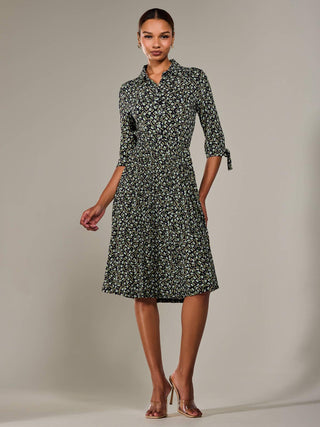 ¾ Sleeve Button Up Midi Dress, Black Pattern