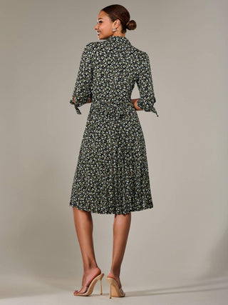 ¾ Sleeve Button Up Midi Dress, Black Pattern