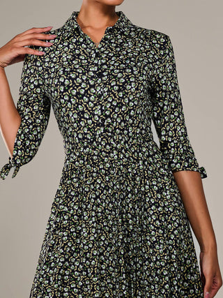 ¾ Sleeve Button Up Midi Dress, Black Pattern