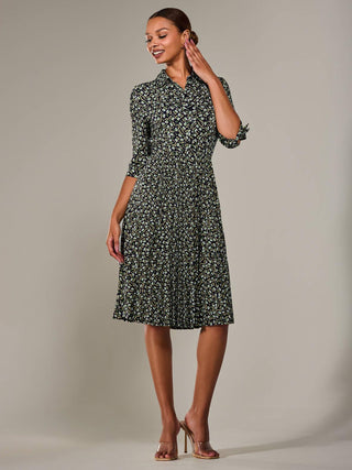¾ Sleeve Button Up Midi Dress, Black Pattern