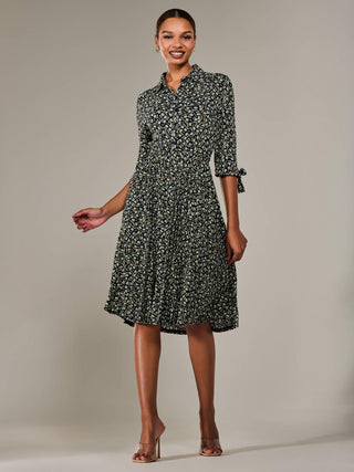 ¾ Sleeve Button Up Midi Dress, Black Pattern