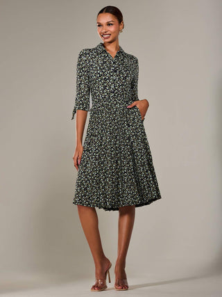 ¾ Sleeve Button Up Midi Dress, Black Pattern